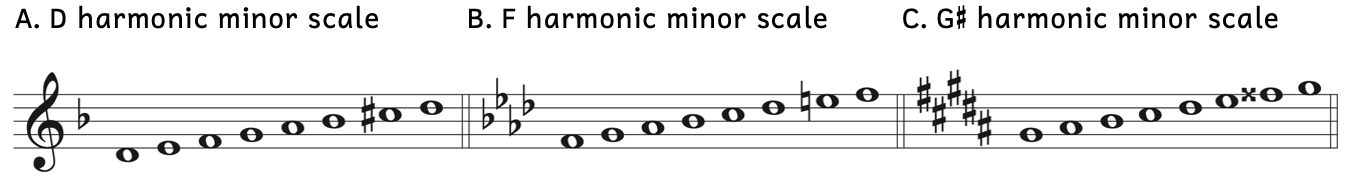 Examples A, B, and C show the ascending harmonic minor scales with key signatures. Example A is a D harmonic minor scale. Its key signature has 1 flat and C is raised to C-sharp. Example B is an F harmonic minor scale. Its key signature has 4 flats and E-flat is raised to E-natural. Example C is a G-sharp harmonic minor scale. Its key signature has 5 sharps and F-sharp is raised to F-double sharp