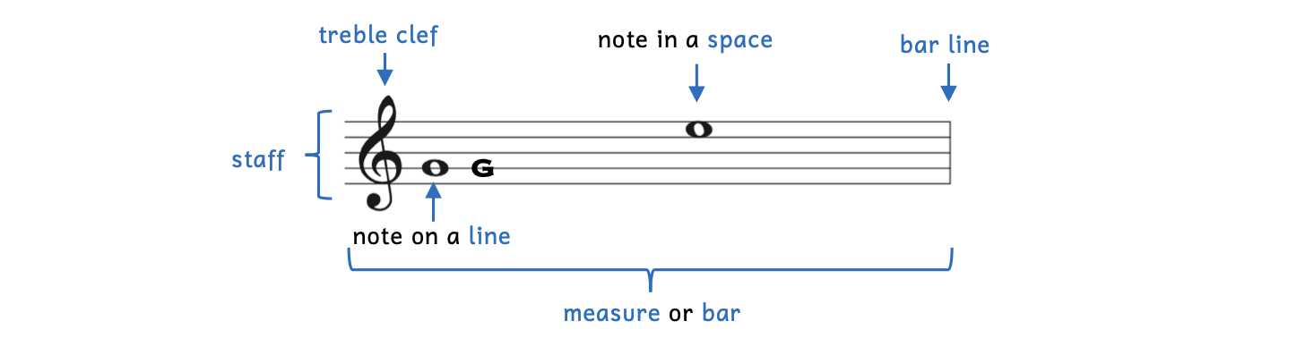 Staff, treble clef, lines, spaces, a measure or bar, and bar line are pointed out in the example. There is a note on the staff, which is a G.