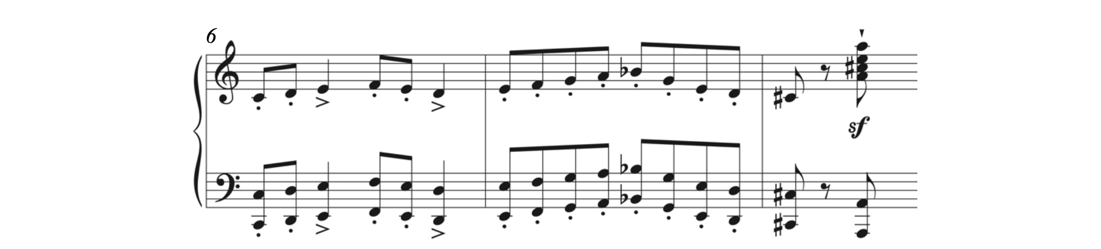 There are staccatos and accents in this example. The example ends with a staccatissimo marking and sforzando marking.