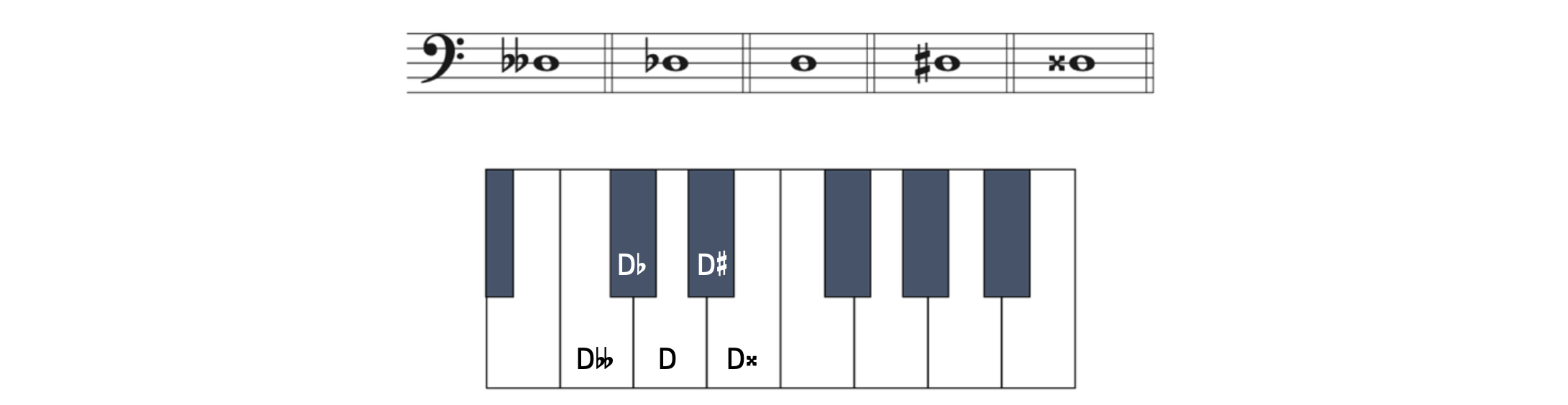 Example showing all accidentals on D and where they are on the keyboard. They include D-double flat which looks like C on the keyboard, D-flat which is the black key to the left of D, D, D-sharp which is the black key to the right of D, and D-double-sharp, which is the white key that looks like E.
