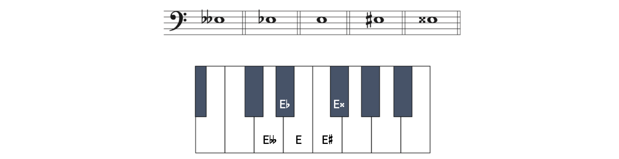 Example showing all the accidentals on E and where they are on the keyboard. E-double flat looks like D on the keyboard. E-flat is the black key to the left of E. E is on E. E-sharp looks like F on the keyboard. E-double sharp is the black key to the right of F.