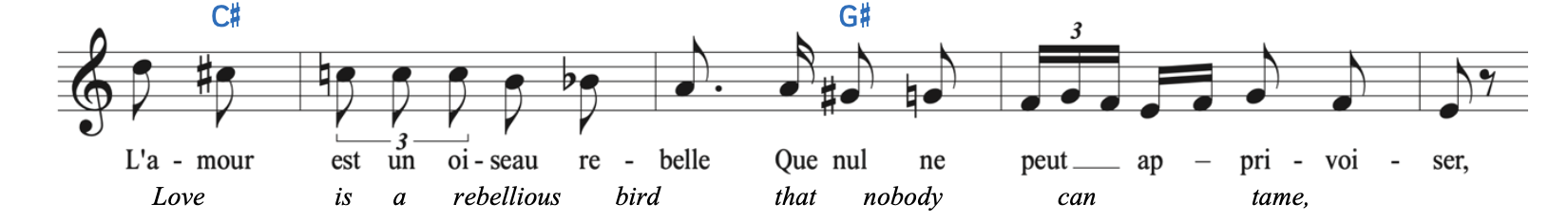 Example from Bizet's "L'amour est un oiseau rebelle," uses parts of the chromatic scale, but uses sharps when the scale descends. The pitches are D, C-sharp, C, B, B-flat, A, G-sharp, G, and F.