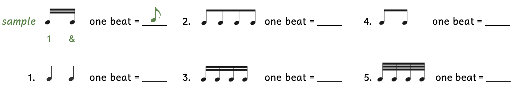 Exercises asking how many beats each group is worth. The sample shows two sixteenth notes. This would be the division, so the beat would be an eighth note. The rhythm syllables would be "1, and." Number 1 shows two quarter notes. Number 2 shows 4 eighth notes. Number 3 shows 4 sixteenth notes. Number 4 shows 2 eighth notes. Number 5 shows 4 thirty-second notes.