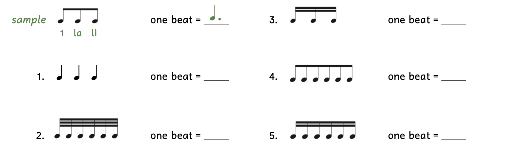 Exercise identifying which dotted note equals the given divisions and subdivisions. The sample shows three eighth notes beamed together. The answer is that one beat equals a dotted quarter note. The rhythm syllables below the three eighth notes are "1, lah, lee." Number 1 shows 3 quarter notes. Number 2 shows 6 thirty-second notes. Number 3 shows 3 sixteenth notes. Number 4 shows 6 eighth notes. Number 5 shows 6 sixteenth notes.