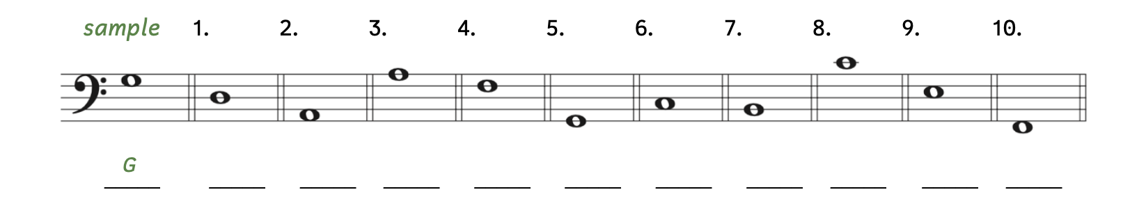 Exercise to identify pitches in the bass clef. The sample is a whole note in the fourth space. The sample's answer is G. Number 1, the note is on the third line. Number 2, the note is in the first space. Number 3, the note is on the fifth line. Number 4, the note is on the fourth line. Number 5, the note is on the first line. Number 6, the note is in the second space. Number 7, the note is on the second line. Number 8, the note is on the ledger line above the staff. Number 9, the note is in the third space. Number 10, the note is in the space below the staff.
