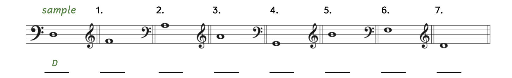Exercise asking to identify pitches in both treble clef and bass clef. The sample is on the third line in bass clef. The sample's answer is D. Number 1 is in the first space in treble clef. Number 2 is on the fifth line in bass clef. Number 3 is in the second space in treble clef. Number 4 is on the first line in bass clef. Number 5 is on the third line in treble clef. Number 6 is on the fourth line in bass clef. Number 7 is in the space below the staff in treble clef.