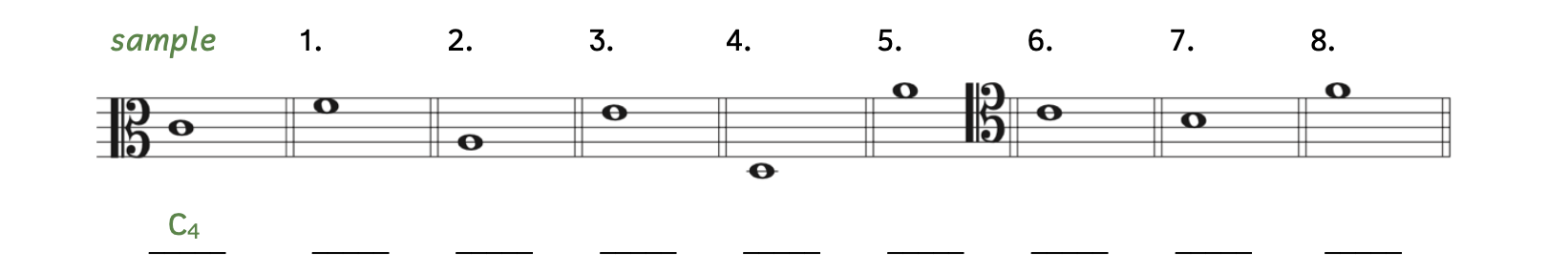 Exercise identifying pitches in alto clef and tenor clef. Numbers 1 through 5 are in the alto clef. The sample shows a note on the third line. The sample's answer is C4. Number 1, fourth space of the staff. Number 2, second line of the staff. Number 3, fourth line of the staff. Number 1, ledger line below the staff. Number 5, first space above the staff. Numbers 6 through 8 are in the tenor clef. Number 6, fourth line of the staff. Number 7, third space of the staff. Number 8, first space above the staff.
