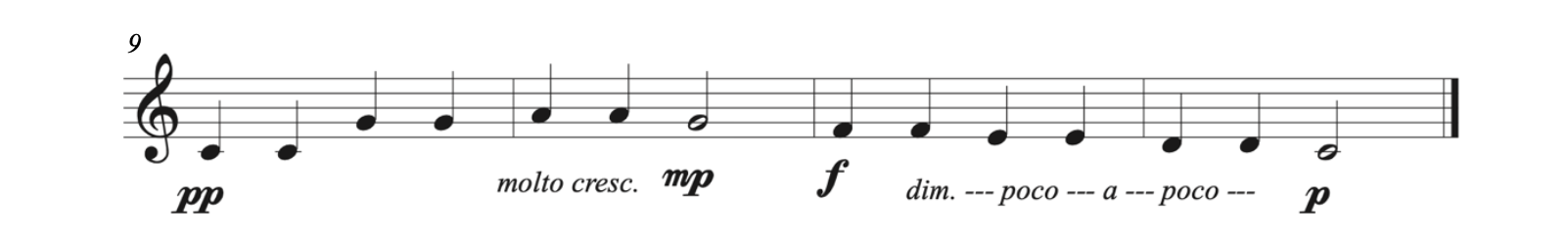 Twinkle Twinkle Little Star begins at measure 9. It begins pianissimo. The score shows molto crescendo, which means to get much louder at the start of measure 10. By the end of measure 10, the music is mezzopiano. Measure 11 begins forte and the score is marked diminuendo poco a poco which means get softer little by little until the second half of measure 12, where the last note is marked piano.