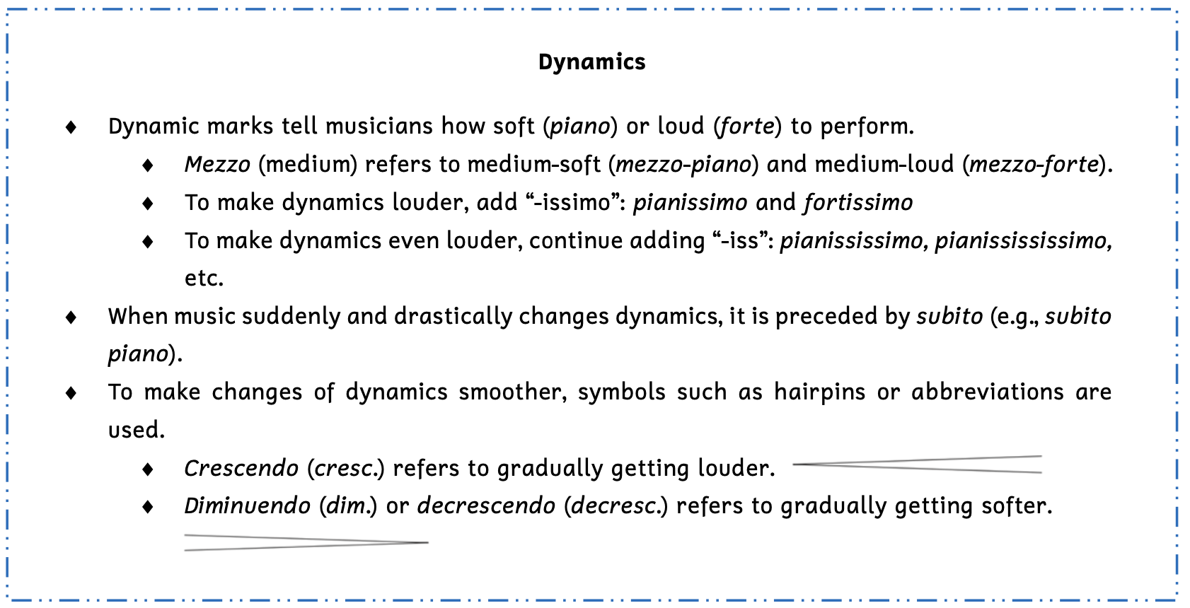 Summary box on dynamics. Dynamic marks tell musicians how soft, called piano, or how loud, called forte, to perform. Mezzo means medium and refers to medium soft, called mezzopiano, or medium loud, called mezzoforte. To make dynamics louder, add -issimo, such as in pianissimo and fortissimo. To make dynamics even louder, continue adding I - S - S, such as pianississimo, pianissississimo, and so on. When music suddenly and drastically changes dynamics, it is preceded by subito. For example, subito piano. To make changes of dynamics smoother, symbols such as hairpins or abbreviations are used. Crescendo refers to gradually getting louder and diminuendo or decrescendo refers to gradually getting softer.