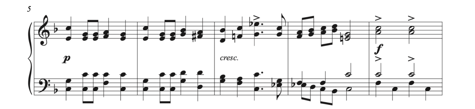 Example Smyth, The March of the Women. The example is written for the piano and begins on measure 5. It is five measures long.