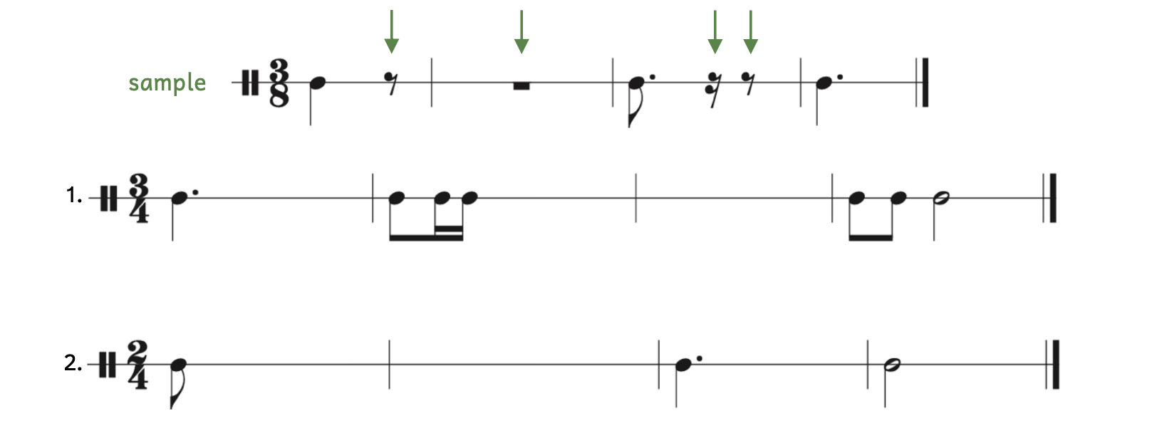 Exercises adding rests to complete each measure. The sample is in 3-8. The first measure has a quarter note and an eighth rest has been added to complete the measure. The second measure was empty and a whole rest has been added to complete the measure. The third measure has a dotted eighth note and a sixteenth rest and eighth rest have been added to complete the measure. Measure 4 is complete. Number 1 is in 3-4. Measure 1 has a dotted quarter note. Measure 2 has an eighth note beamed to two sixteenth notes. Measure 3 is empty. Measure 4 has two beamed eighth notes and a half note. Number 2 is in 2-4. Measure 1 has an eighth note. Measure 2 is empty. Measure 3 has a dotted quarter note. Measure 4 has a half note.