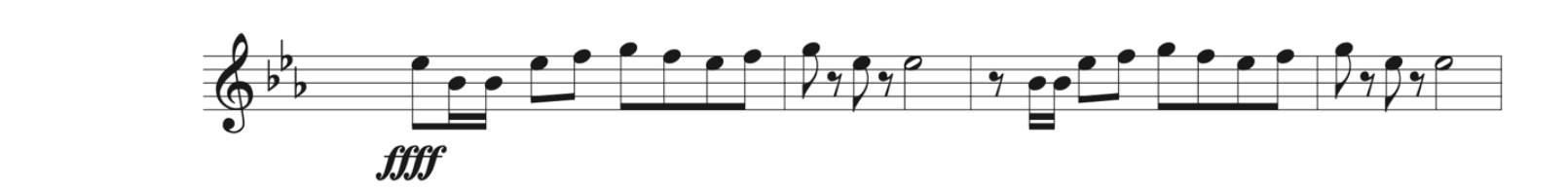 Tchaikovsky, 1812 Overture. The first measure begins with an eighth note and two sixteenth notes beamed together, two eighth notes beamed together, and four eighth notes beamed together. Listen to the sound clip below.