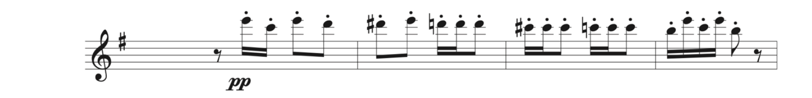 Tchaikovsky, "Dance of the Sugar Plum Fairy." The first measure begins with an eighth rest, two sixteenth notes beamed together, and two eighth notes beamed together. Listen to the sound clip below.