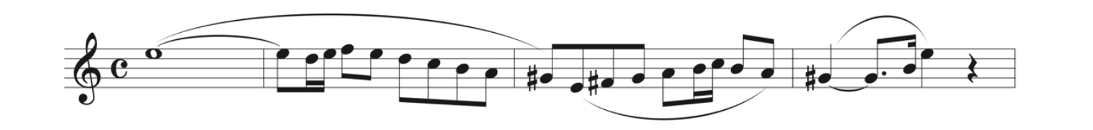 There is a large curved line from the downbeat of the first measure to the downbeat of the third measure. In between there are 10 different pitches. Also within the large curved line is a smaller curved line, only connecting the first E5 to the next E5 across the bar line. In measure 3, there is a large curved line connecting 8 different pitches. In measure 4, there is a large curved line connecting 3 different pitches. Within this large arc is a smaller curved line connecting G-sharp 4 to another G-sharp 4.