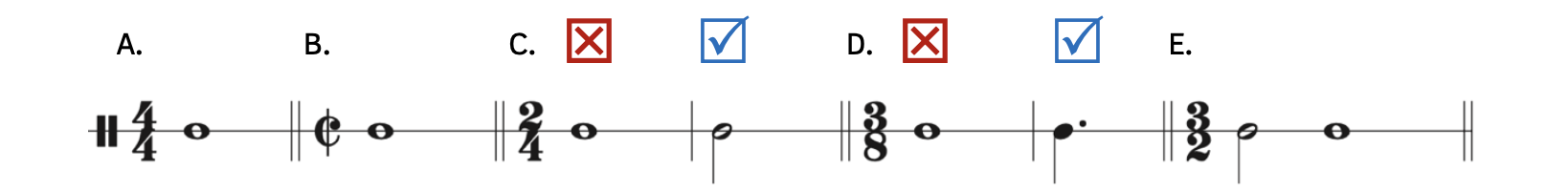 Examples of whole notes and when they do not work. Example A shows a whole note in 4-4. Example B shows a whole note in cut time. Example C shows a whole note and half note in cut time. The whole note is not acceptable. The half note is correct. Example D shows a whole note and a dotted half note in 3-8. The whole note is not acceptable. The dotted half note is correct. Example E shows a half note and whole note in 3-2.