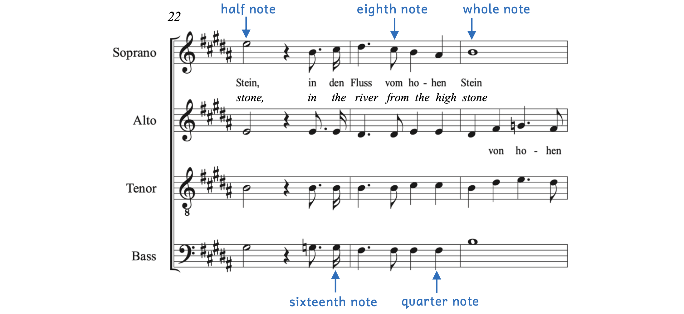 Different note values are pointed out in Hensel's “Hörst du nicht die Bäume rauschen,” Gartenlieder, Op. 3, No. 1. There is a half note, eighth note and whole note in the soprano part and a sixteenth note and quarter note in the bass part.