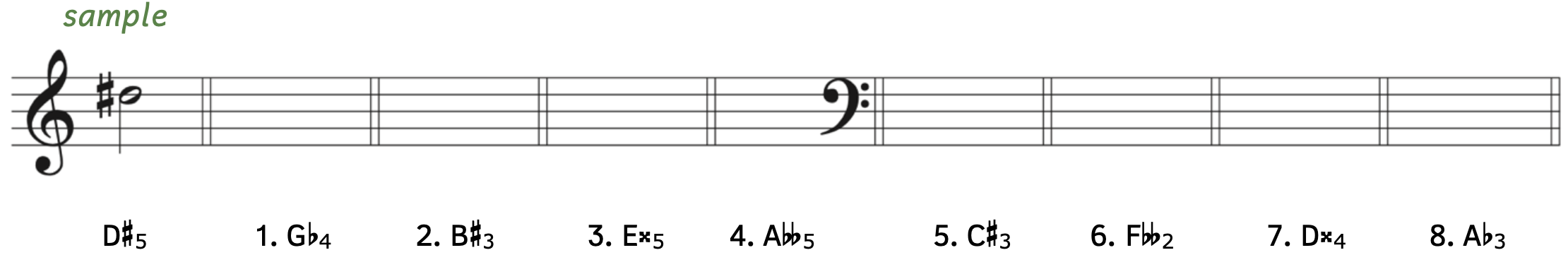 Exercise writing pitches with accidentals on a staff. Numbers 1 through 4 are in the treble clef. The sample asks for D-sharp5. Number 1 asks for G-flat4. Number 2 asks for B-sharp3. Number 3 asks for E-flat5. Number 4 asks for A-double-flat5. Numbers 5 through 8 are in the bass clef. Number 5 asks for C-sharp3. Number 6 asks for F-double-flat2. Number 7 asks for D-double-sharp4. Number 8 asks for A-flat3.