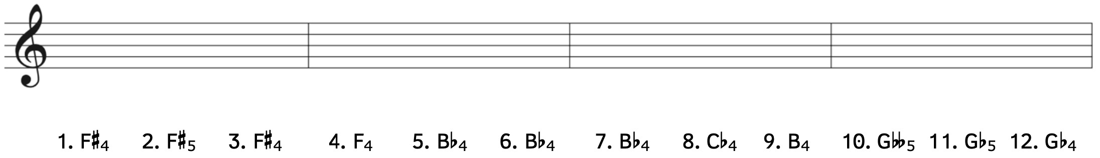 Exercise to write pitches with accidentals on a staff. The given clef is treble clef. Number 1 asks for F-sharp4. Number 2 asks for F-sharp5. Number3 asks for F-sharp4. There is a bar line. Number 4 asks for F4. Number 5 asks for B-flat4. Number 6 asks for B-flat4. There is a bar line. Number 7 asks for B-flat4. Number 8 asks for C-flat4. Number 9 asks for B4. There is a bar line. Number 10 asks for G-double flat5. Number 11 asks for G-flat5. Number 12 asks for G-flat4.