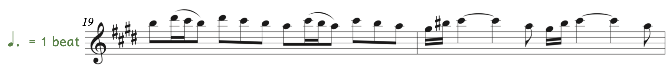 Exercise from Vivaldi's Four Seasons. The dotted quarter note equals one beat. The example begins on measure 19. Measure 19 contains an eighth note beamed to two sixteenth notes and an eighth note, three eighth notes beamed together, an eighth note beamed to two sixteenth notes and an eighth note, and three eighth notes beamed together. Measure 20 contains two sixteenth notes beamed together, two quarter notes, an eighth note, two sixteenth notes beamed together, two quarter notes, and an eighth note.