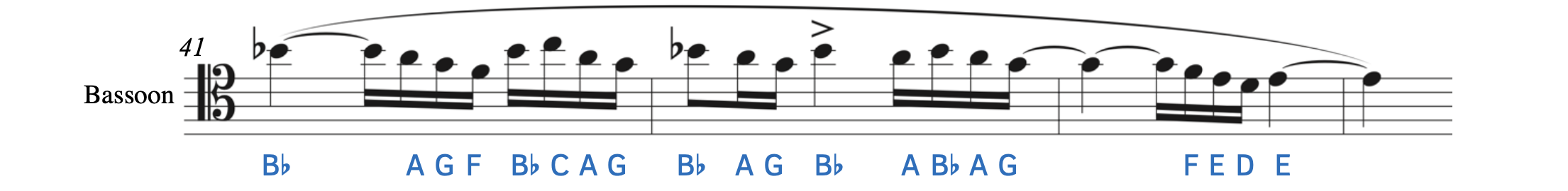 Example from Ravel's Bolero. The bassoon line begins at measure 41 in the tenor clef. The first note is a flatted quarter note with two ledger lines above the staff. In tenor clef, this note is B-flat4. The rest of the pitches are given in the tenor clef.
