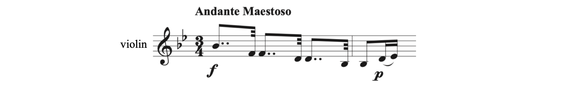 Double dotted notes in Park, Violin Sonata, Op. 13, No. 1, first movement - Andante Maestoso. The first measure begins with three pairs of a double dotted eighth note beamed to a thirty-second note.