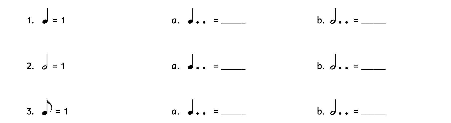 Number 1, a quarter note equals 1. Part A, value of a double dotted quarter note. Part B, value of a double dotted half note. Number 2, a half note equals 1. Part A, value of a double dotted quarter note. Part B, value of a double dotted half note. Number 3, eighth not equals 1. Example A, value of a double dotted quarter note. Example B, value of a double dotted half note.