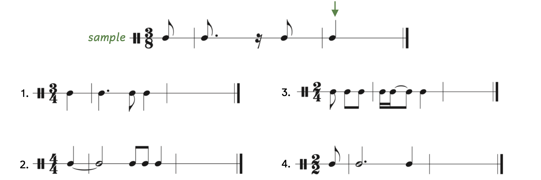 The sample is in 3-8. It shows that a quarter note has been added in the last measure because the anacrusis is an eighth rest. Number 1 is in 3-4 and begins with a quarter note anacrusis. Number 2 is in 4-4 and begins with a quarter note anacrusis. Number 3 is in 2-4 and begins with an anacrusis of three eighth notes. Number 4 is in 2-2 and begins with an eighth note anacrusis.