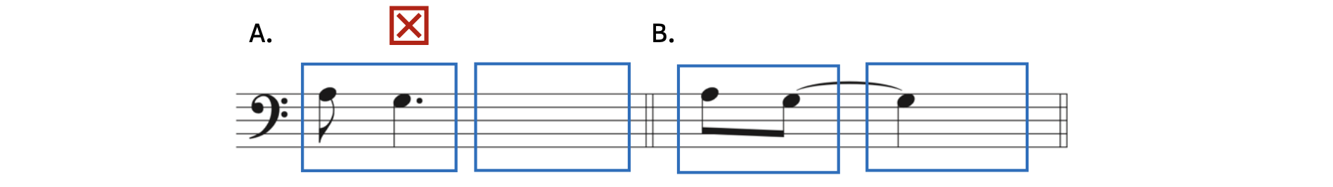 Example A shows an incorrect use of a dotted quarter note, which begins on the weak part of a beat. Example B shows the correct way to write this rhythm using a tie.
