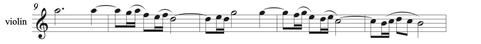 There is a curved line connecting A5 to A5 across the bar line from measure 9 to 10. In measure 10, there are 2 other curved lines connecting 3 different pitches. There is another curved line connecting D5 to D5 across the bar line from measure 10 to 11. There is another curved line connecting G5 to G5 across the bar line from measure 11 to 12. In measure 12, there are 2 other curved lines connecting 3 different pitches. There is a curved line connecting C5 to another C5 across the bar line from measure 12 to 13. There is a curved line connecting 5 different notes in measure 13.