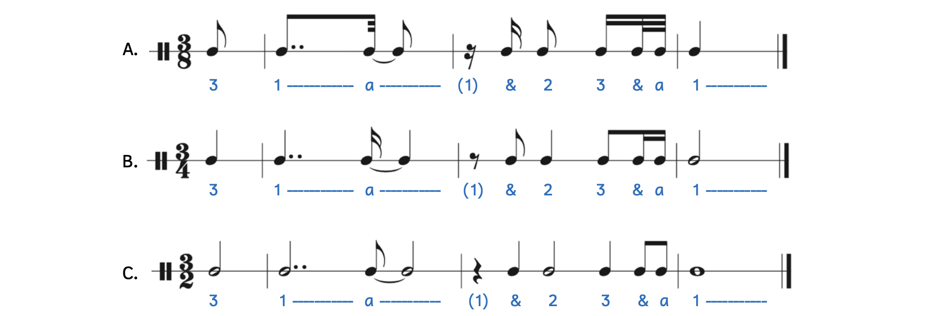 Example of transposing rhythms to different time signature. Example A is in 3-8, Example B is in 3-4, and Example C is in 3-2. The rhythm syllables are the same. Listen to the sound clip below.