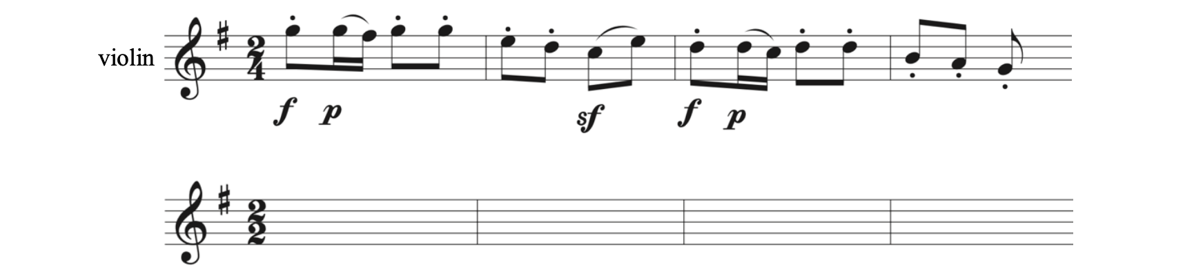 The given example is in treble clef with the time signature of 2-4. In measure 1, the notes are an eighth note on G5 beamed to a sixteenth note on G5 and a sixteenth note on F-sharp 5 then two eighth notes beamed together on G5. In measure 2, the notes are an eighth note on E5 beamed to an eighth note on D5 then an eighth note on C5 beamed to an eighth note on E5. In measure 3, the notes are an eighth note on D5 beamed to a sixteenth note on D5 and a sixteenth note on C5 then two eighth notes beamed together on D5. In measure 4, an eighth note on B4 is beamed to an eighth note on A4 followed by an eighth note on G4 by itself. Rewrite the given rhythm in 2-2.