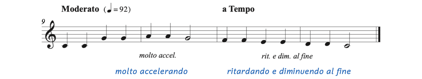 The example begins at measure 9. "Twinkle Twinkle Little Star" begins moderato with a quarter note equaling 92. In measure 10, the score is marked "molto accelerando." At the start of measure 11, the score is marked "a Tempo." In measure 11 to 12, the score is marked "ritardando e diminuendo al fee-nay."