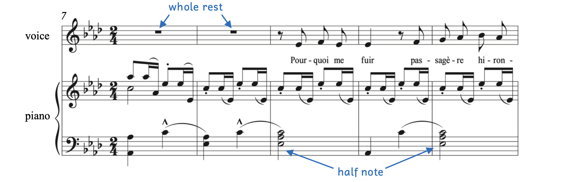 Bertin's "L'Hirondelle" for voice and piano shows how whole rests fill a measure in 2-4 while half notes fill a measure.