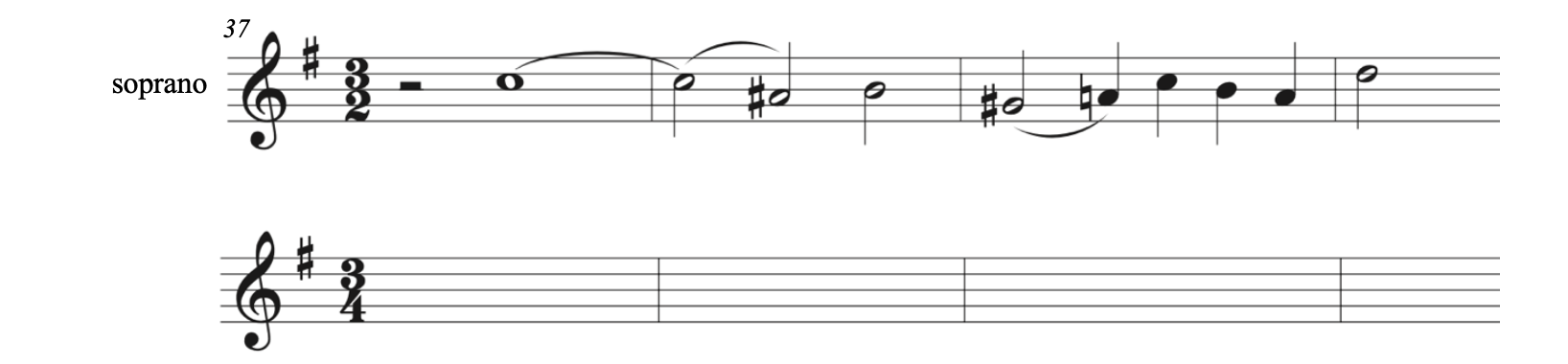 Bach, "Crucifixus," Mass in B Minor, BWV 232. The given line is in treble clef and is in 3-2. It begins on measure 37. In measure 37, there is a half rest followed by a whole note on C5 tied across the bar line to a half note. In measure 38, there is also a half note on A-sharp4 and a half note on B4. Measure 39 contains a half note on G-sharp4 followed by four quarter notes (A-natural4, C5, B4, and A4). Measure 40 has a half note on D5. Rewrite in 3-4.