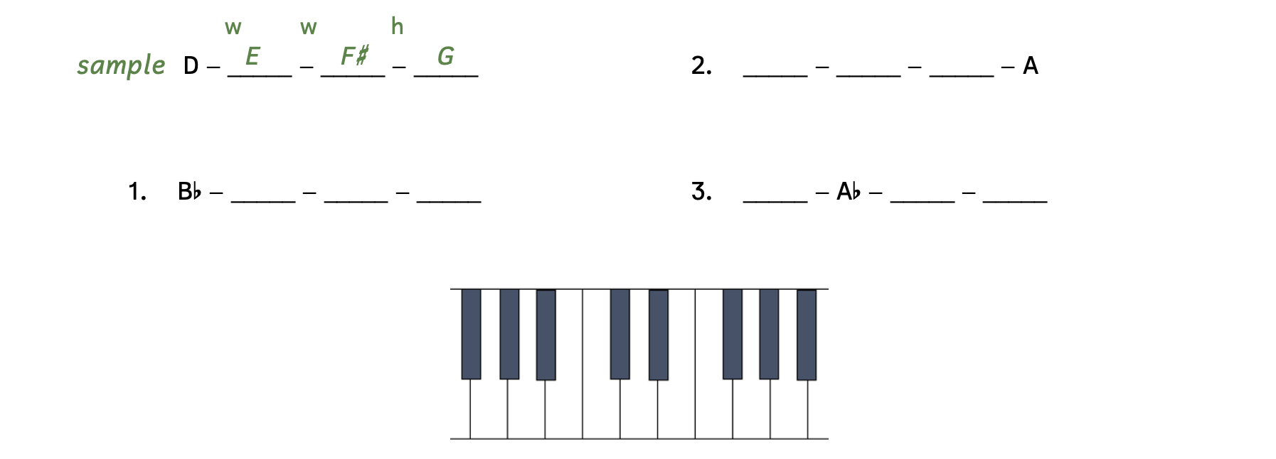 Fill in the major tetrachords with pitch names. The sample shows D, E, F-sharp, G. Number 1 begins on B-flat. Number 2 ends on A. The second pitch on number 3 is A-flat.