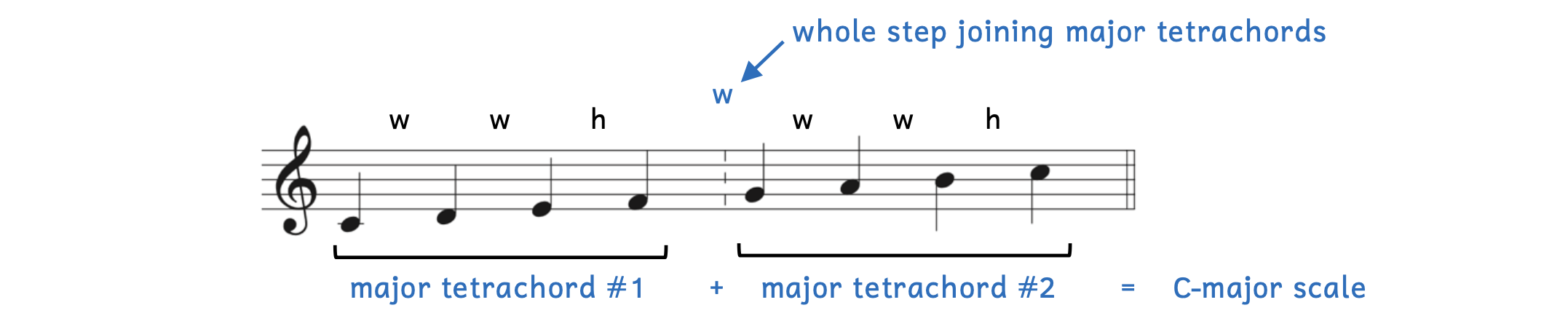 Major scale built by combining two major tetrachords. Major tetrachord number 1 consists of C, D, E, and F. A whole step above F is G. Major tetrachord number 2 consists of G, A, B, and C. Joining the two major tetrachord together with a whole step in between creates a C major scale.