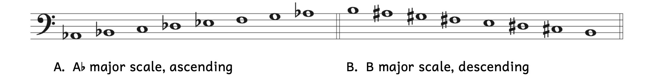 Example A shows the added accidentals after applying the whole steps and half steps from the previous steps. Added accidentals include B-flat, D-flat, and E-flat. Added accidentals for Example B include A-sharp, G-sharp, F-sharp, D-sharp, and C-sharp.