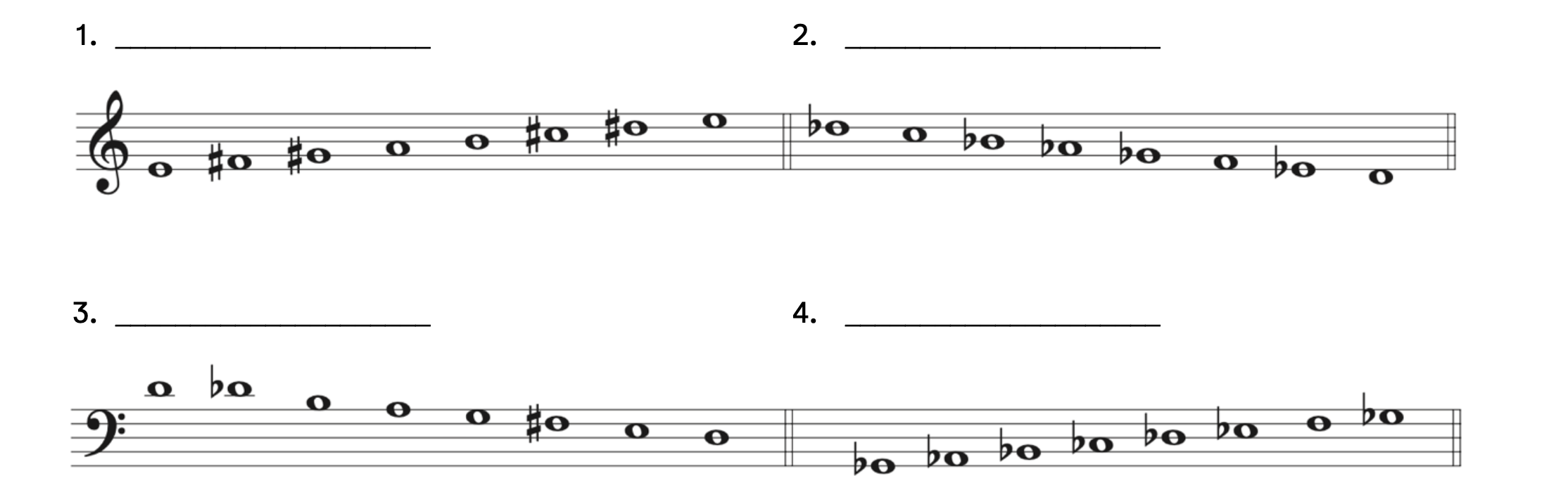 Number 1 contains E, F-sharp, G-sharp, A, B, C-sharp, D-sharp, and E. Number 2 contains D-flat, C, B-flat, A-flat, G-flat, F, E-flat, D. Number 3 contains D, D-flat, B, A, G, F-sharp, E, and D. Number 4 contains G-flat, A-flat, B-flat, C-flat, D-flat, E-flat, F, and G-flat.