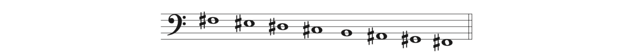 The given pitches descend in the bass clef, beginning on F-sharp3. The pitches are F-sharp, E-sharp, D-sharp, C-sharp, B, A-sharp, G-sharp, and F-sharp.