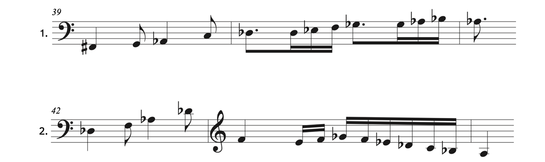 Identify half steps in examples from Szymanowska Sérénade for Cello and Piano. Number 1 pitches are the following: Measure 39 has F-sharp, G, A-flat and C. Measure 40 has D-flat, D-flat, E-flat, F, G-flat, G-flat, A-flat, and B-flat. Measure 41 has A-flat. Number 2 pitches are the following: Measure 42 has D-flat, F, A-flat, and D-flat. Measure 32 has F, E, F, G-flat, F, E-flat, D-flat, C, and B-flat. Measure 44 has A.