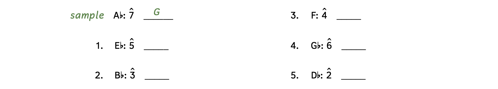 The sample shows that scale degree 7 in A-flat major is G. Number 1, scale degree 5 in E-flat major. Number 2, scale degree 3 in B-flat major. Number 3, scale degree 4 in F major. Number 4, scale degree 6 in G-flat major. Number 5, scale degree 2 in D-flat major.