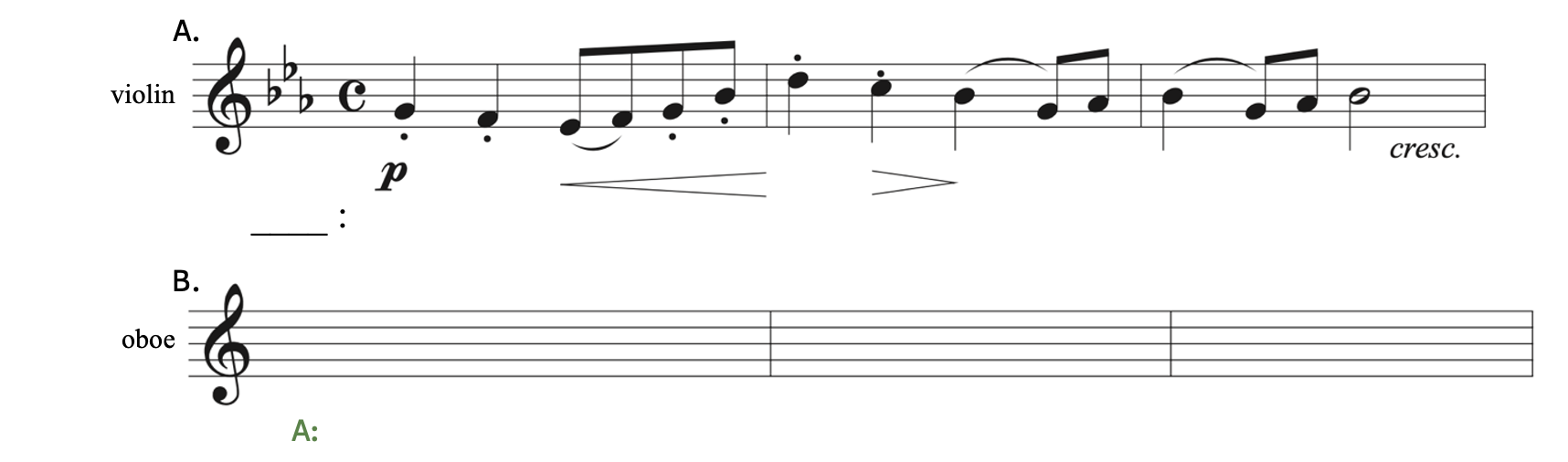 Transposing Munktell's Violin Sonata, first movement - Allegro non tanto, vigoroso. Example A is in treble clef in a key with 3 flats and you are to transpose to A major also in treble clef.