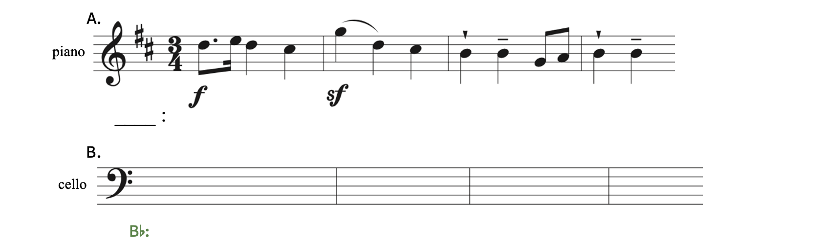 Transposing Munktell's Violin Sonata, second movement - Moderato energico. Example A is in treble clef with two sharps. You are to transpose to Example B in bass clef and B-flat major.
