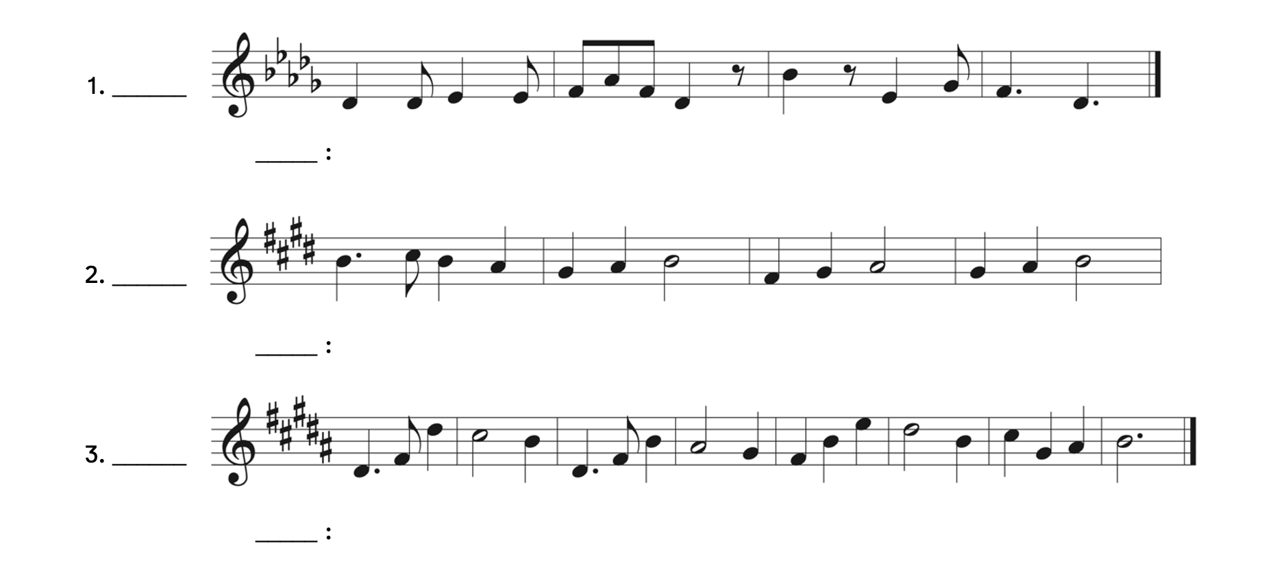 Number 1, 5 flats, first note is D-flat and last note is D-flat. First measure has a quarter note, eighth note, quarter note and eighth note. Second measure has three eighth notes, a quarter note and an eighth rest. Third measure has a quarter note, eighth rest, quarter note, and eighth note. Fourth measure has two dotted quarter notes. Number two has four sharps. First and last notes are B. First measure has a dotted quarter note, eighth note, and two quarter notes. The last three measures have two quarter notes followed by a half note. Number 3 has 5 sharps. The first note is D-sharp and the last note is B. The first measure has a dotted quarter note, eighth note, and quarter note. The second measure has a half note and quarter note. Measure 3 and 4 are the same rhythmically as measures 1 and 2. Measure 5 has 3 quarter notes. Measure 6 has a half note and quarter note. Measure 7 has 3 quarter notes. Measure 8 ends with a dotted half note.