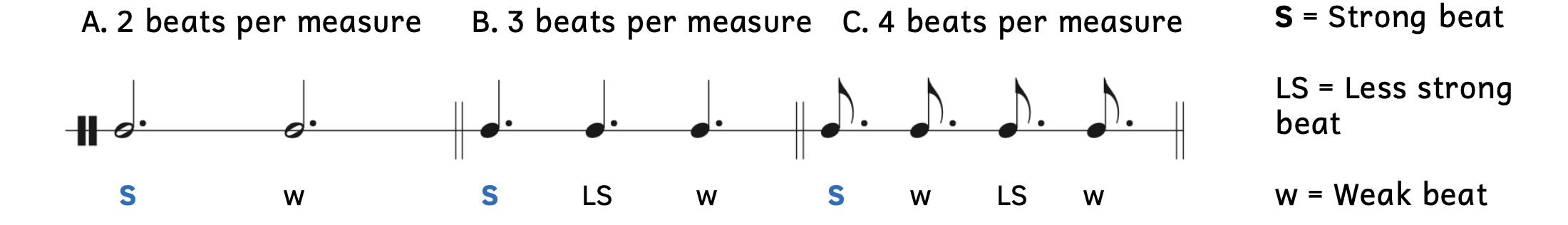 Example A shows that when there are 2 beats per measure, the first beat is strong and the second beat is weak. Example B shows that when there are 3 beats per measure, the first beat is strong, the second beat is less strong, and the third beat is weak. Example C shows that when there are 4 beats per measure, the first beat is strong, the second beat is weak, the third beat is less strong, and the fourth beat is weak.