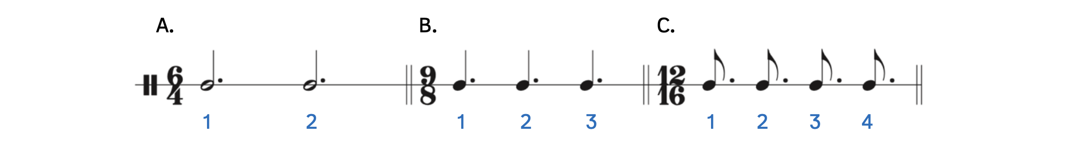 Sample compound time signatures. Example A is in 6-4. Example B is in 9-8. Example C is in 12-16.