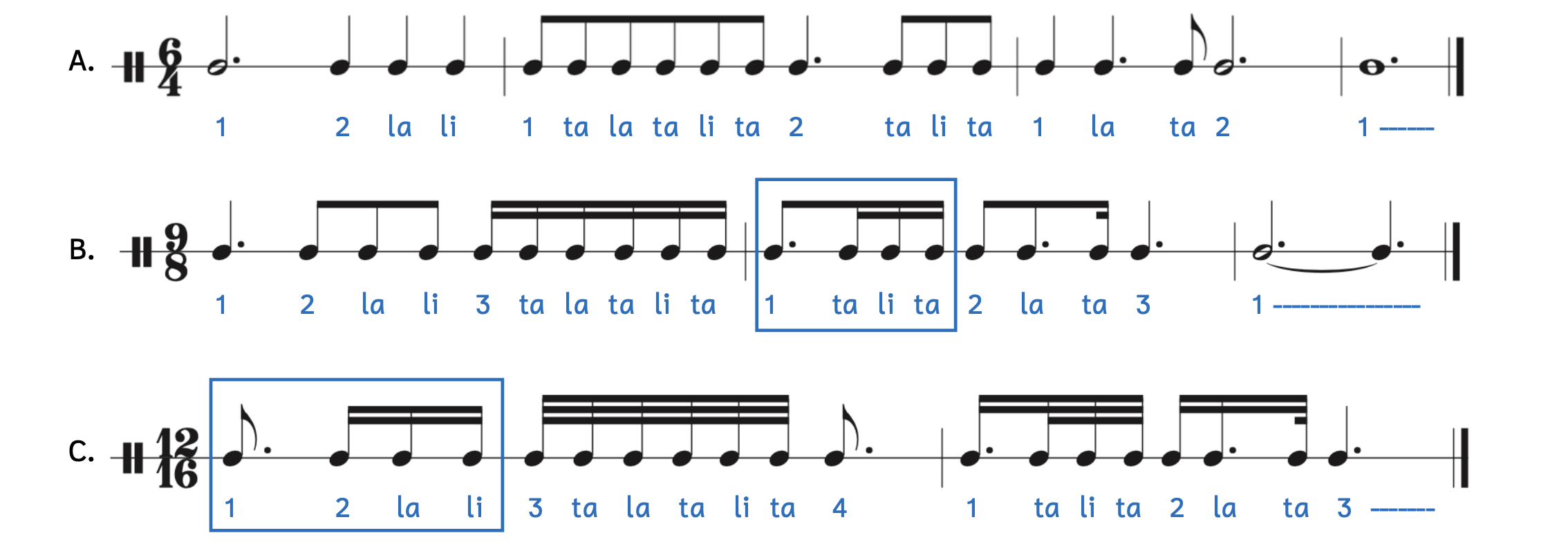 Sample rhythms in compound meters. Example A is in 6-4. Example B is in 9-8. Example C is in 12-16. Listen to sound example below.