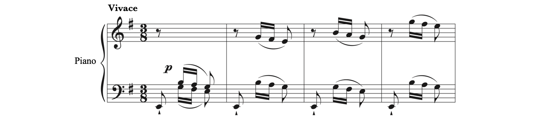 Opening piano part from Farrenk's Trio for Flute, Cello, and Piano, Third movement – Scherzo. Vivace. Listen to the YouTube clip below.