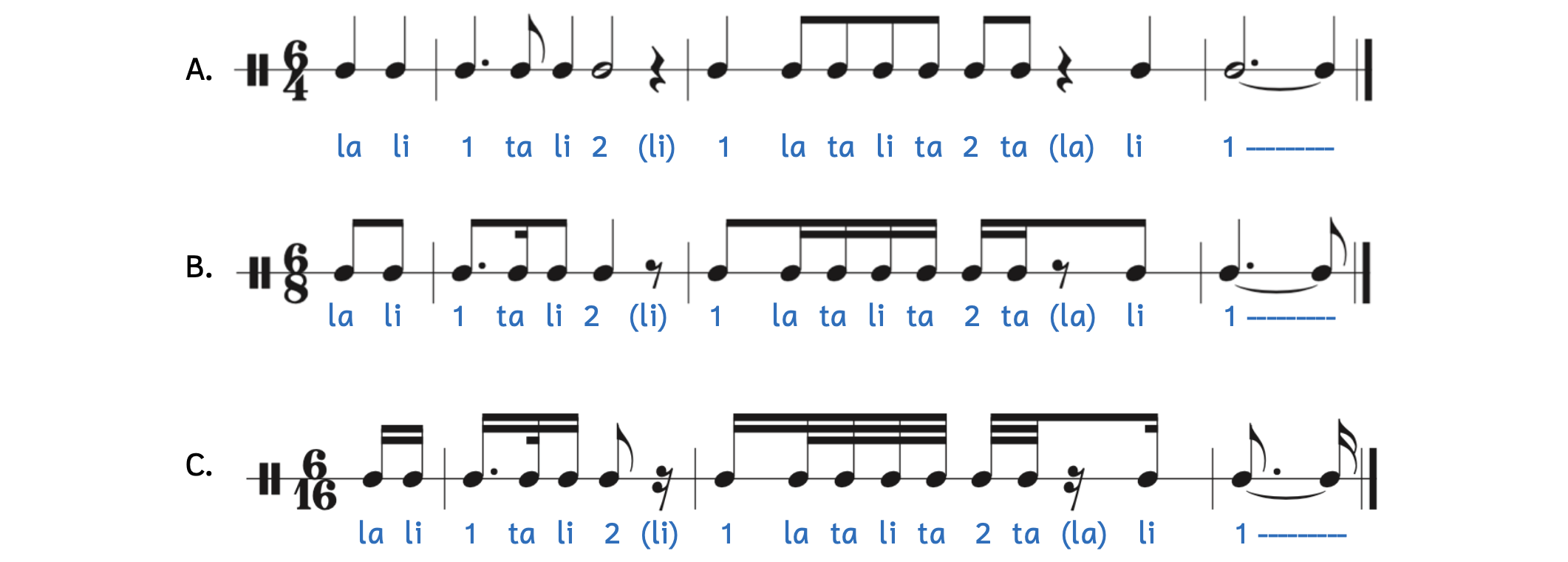Example of rhythmic transposition for different compound meters. Example A is in 6-4. Example B is in 6-8. Example C is in 6-16. Listen to sound clip below.