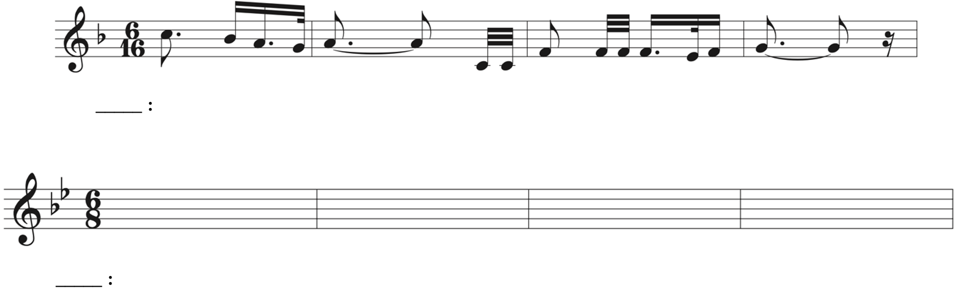 Melody is "Home on the Range." Transpose from key with one flat to key with two flats and from the time signature 6-16 to the time signature 6-8.